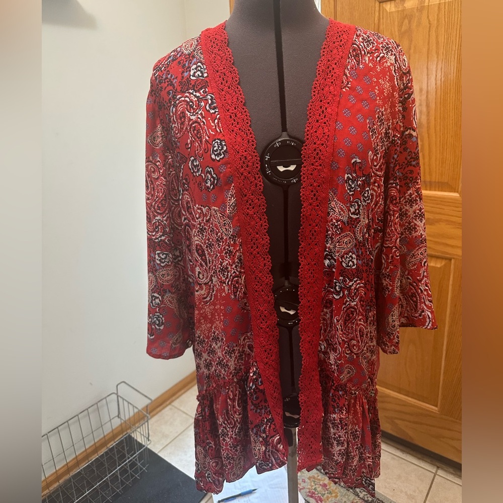 Boho Paisley and Floral Print Kimono Red and Blue lace and Ruffle Trims